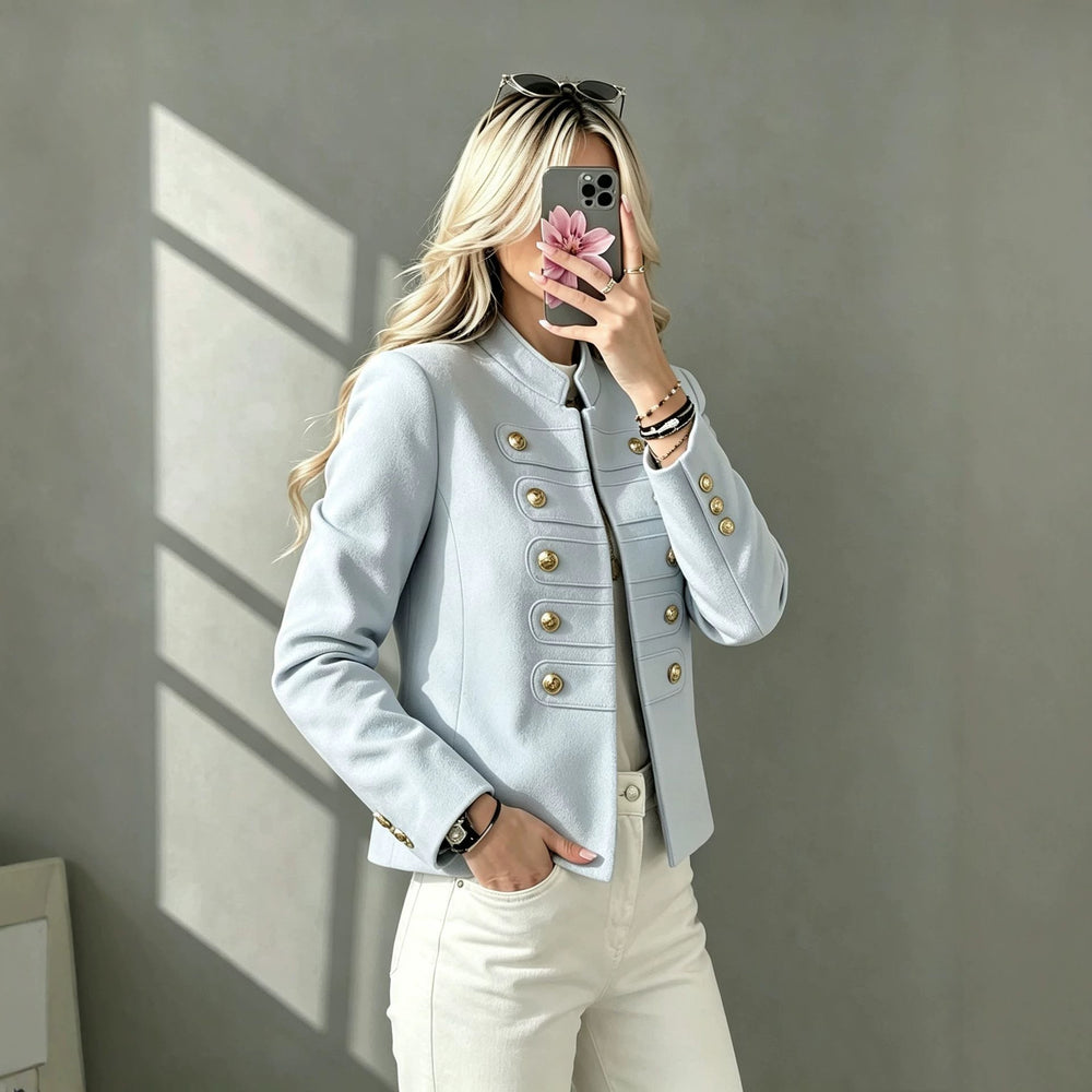 cross-border european and american style stand collar double-breasted cropped jacket - women's retro metal buckle chic commute top