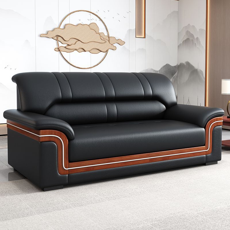 Office sofa solid wood coffee table combination set - genuine leather, minimalist modern style, 1+1+3 configuration for business reception and guest seating