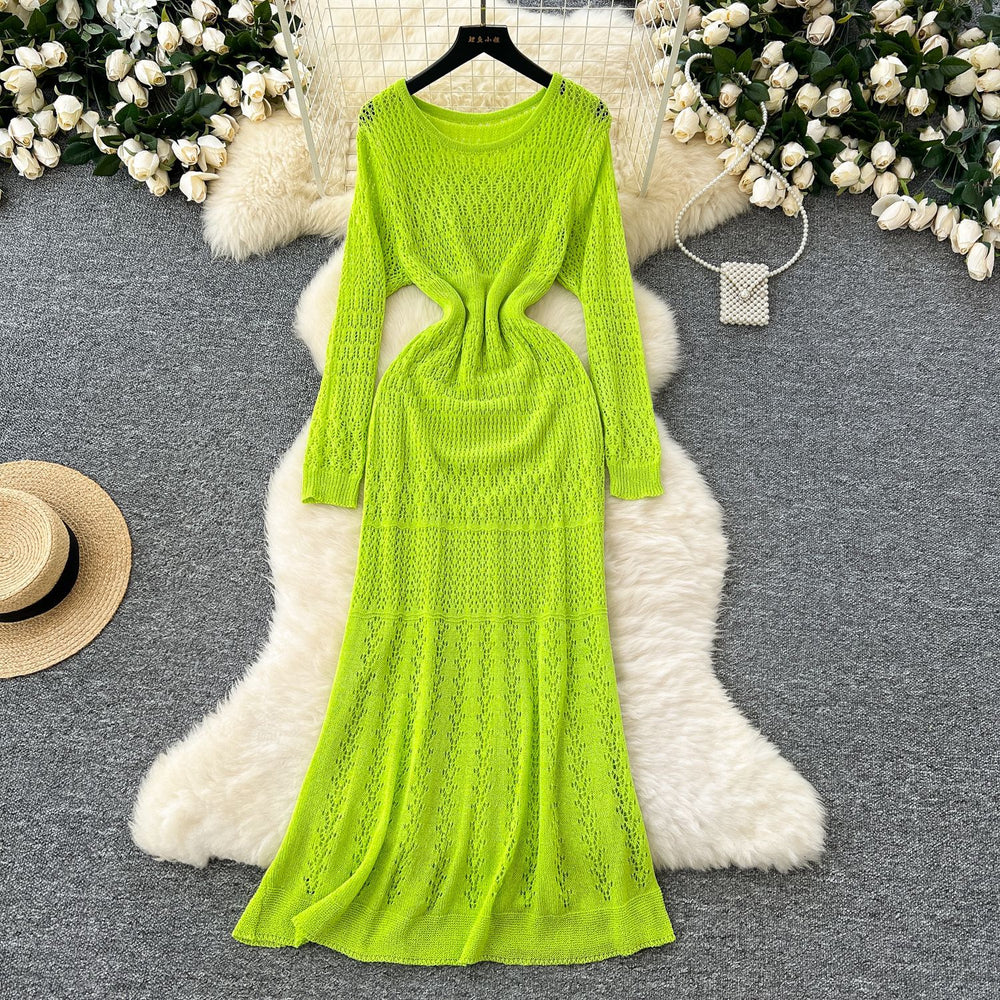 Korean style hollow-out crochet knit dress - women's slimming, long-sleeved dress with inner layer camisole two-piece set