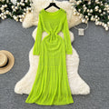 Korean style hollow-out crochet knit dress - women's slimming, long-sleeved dress with inner layer camisole two-piece set