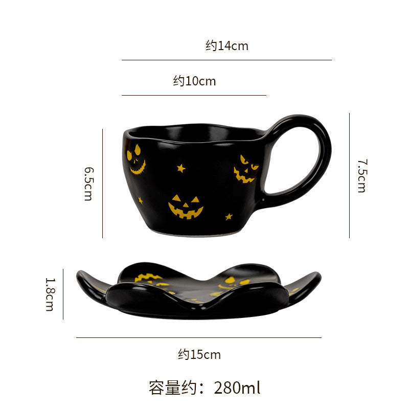 Creative halloween-themed ceramic cup and saucer set, featuring an irregular design with pumpkin and bat motifs. perfect for coffee or tea