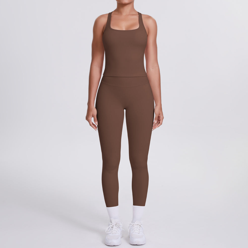 fashion double-sided brushed pure color tight i-shaped back sports suit running fitness yoga clothes two-piece set