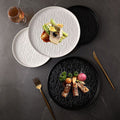 Japanese-style premium black and white ceramic dinnerware - high-end rock texture dinner plates for home use - round steak and chop dishes for restaurants