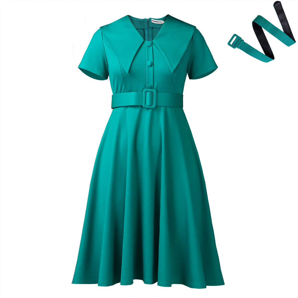 D588  foreign trade women's fashion european and american style elegant peter pan collar short sleeve stretchy a-line african dress