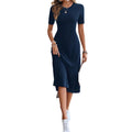 Ready-to-ship   &  new arrival: european and american style solid color crew neck high-stretch short sleeve dress