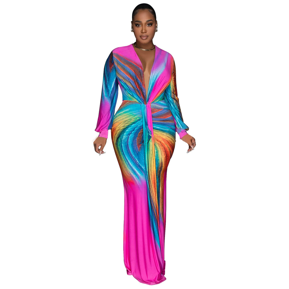 C6952 cross-border   independent station fashionfashion women's pleated color matching casualdress length