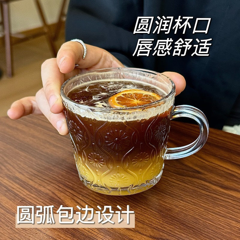 Ins glass cup with handle for home breakfast cup popular embossed water cup good-looking coffee cup souvenir cup
