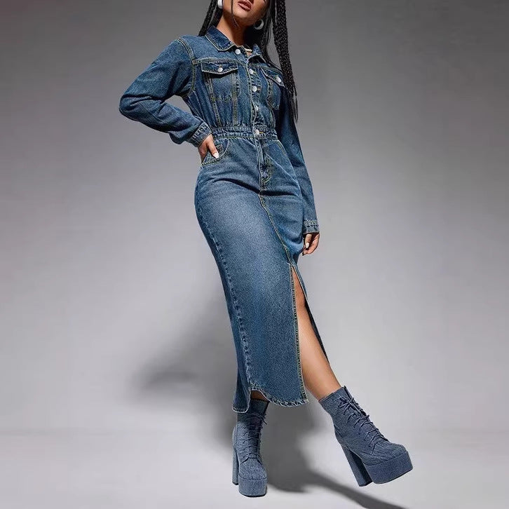 Amazon independent station  cross-border women's lapel button long sleeves slit new arrival denim longdress