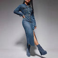 Amazon independent station  cross-border women's lapel button long sleeves slit new arrival denim longdress
