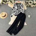 Trendy and chic two-piece set for women: autumn print long sleeve knit cardigan top and high-waisted straight-leg pants