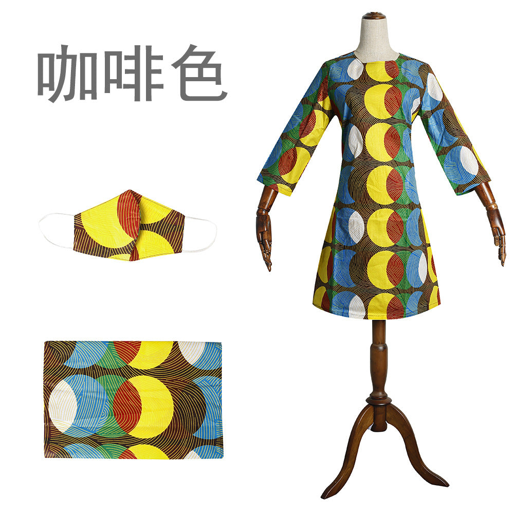 African women's fashion: european and american cross-border e-commerce,   new collection - wax print dress with matching headscarf and face mask