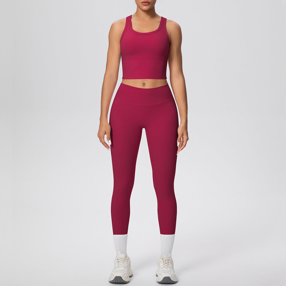 New arrival: cross-border double-sided brushed solid color breathable tank top long yoga set - two-piece activewear for running and fitness