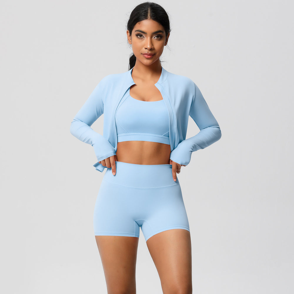 European and american solid color brushed fleece compression quick-dry yoga set - short length cloud-like outdoor running fitness activewear three-piece set