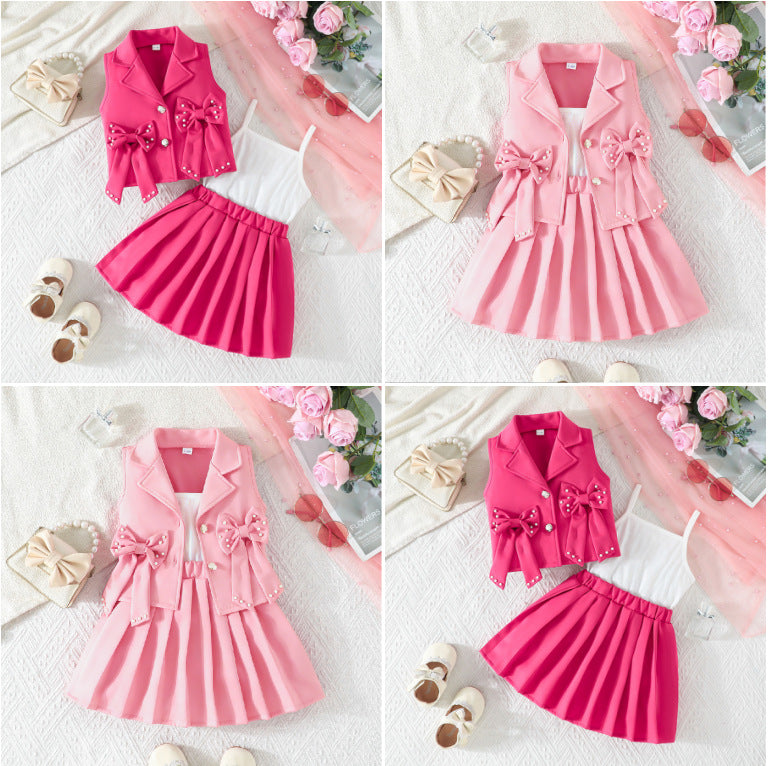 new girls' sweet bowknot three-piece suit: sleeveless vest + camisole + pleated skirt