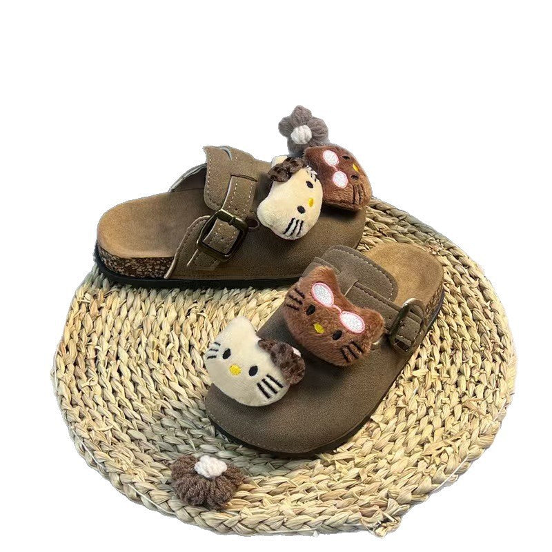 New arrivalkt cat kids slippers women's birkenstock outwear cartoon cute plaid birkenstock shoes women's toe-cap outwear half slippers