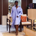 European and american cross-border women's fashion:  spring new arrival - stylish turn-down collar, loose fit, plus size striped slit shirt dress