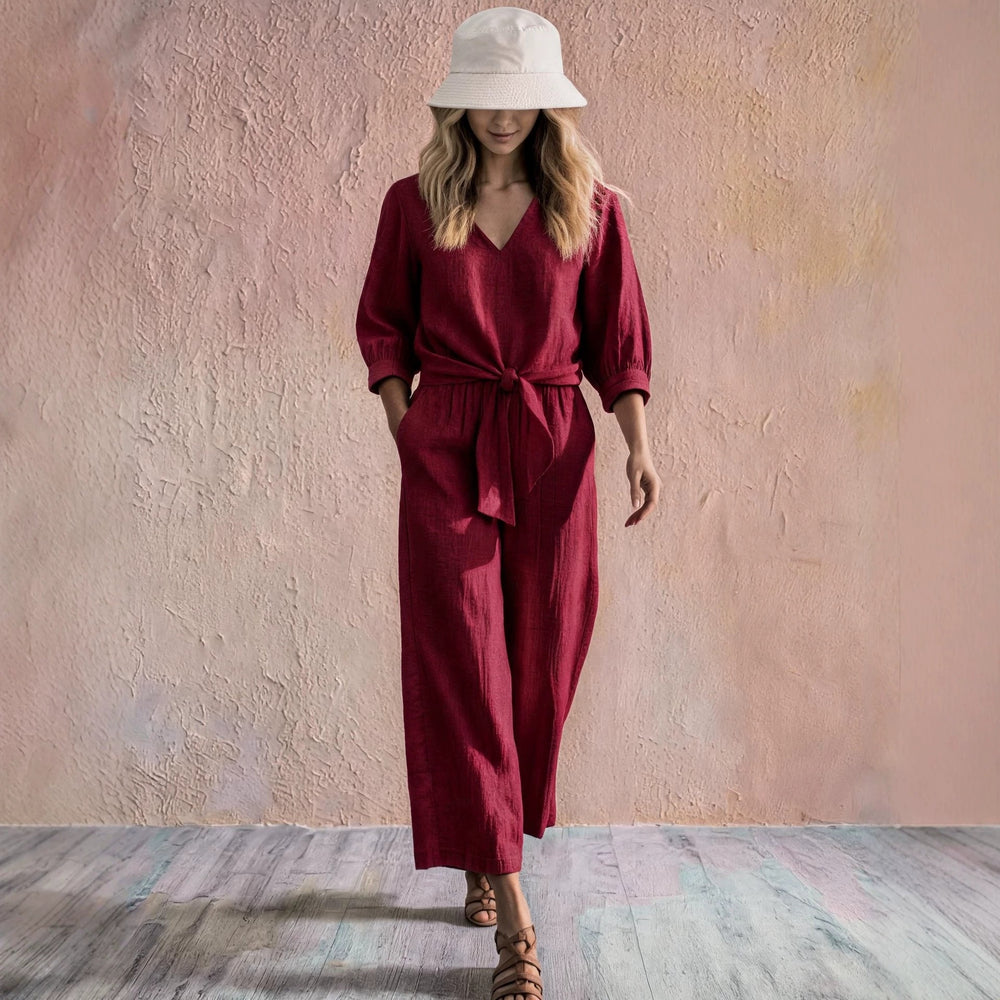 european and american cross-border spring/autumn new arrival: knotted, high-end style shirt with three-quarter sleeves – effortless vacation v-neck set