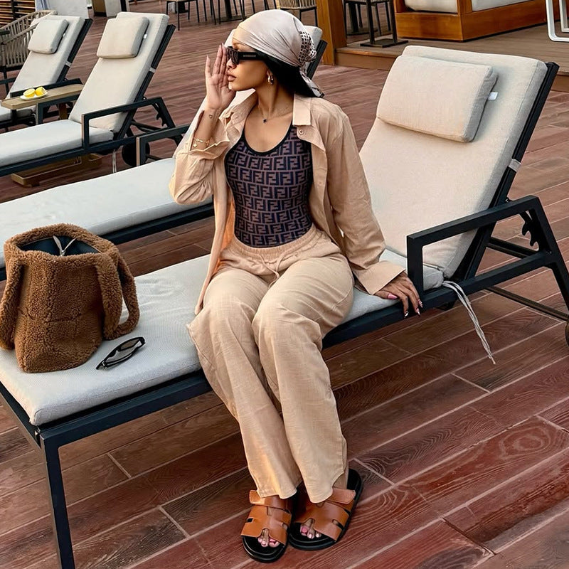 European and american cross-border women's fashion  autumn new collection: solid color turn-down collar loose long-sleeve shirt and high-waisted trousers casual set