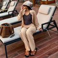 European and american cross-border women's fashion  autumn new collection: solid color turn-down collar loose long-sleeve shirt and high-waisted trousers casual set