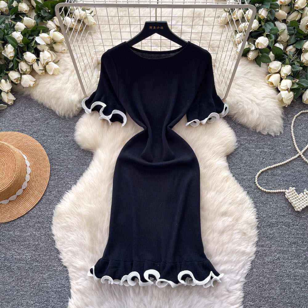 Korean style commute ruffle knit dress - women's  summer high-waisted slimming a-line dress - elegant and high-end