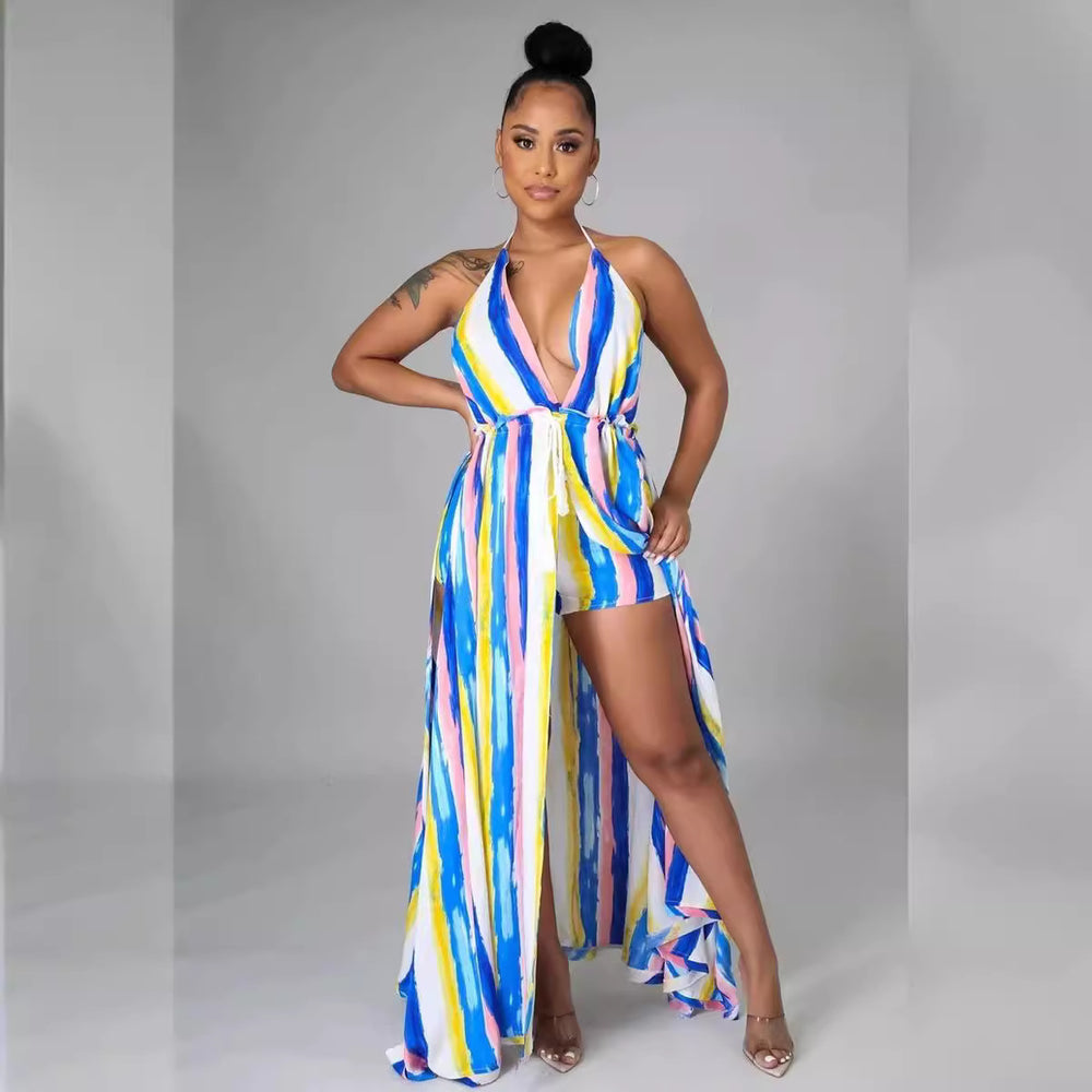 spring european and american cross-border  foreign trade lace-up sexy fashion patterned shorts backless halter two-piece set