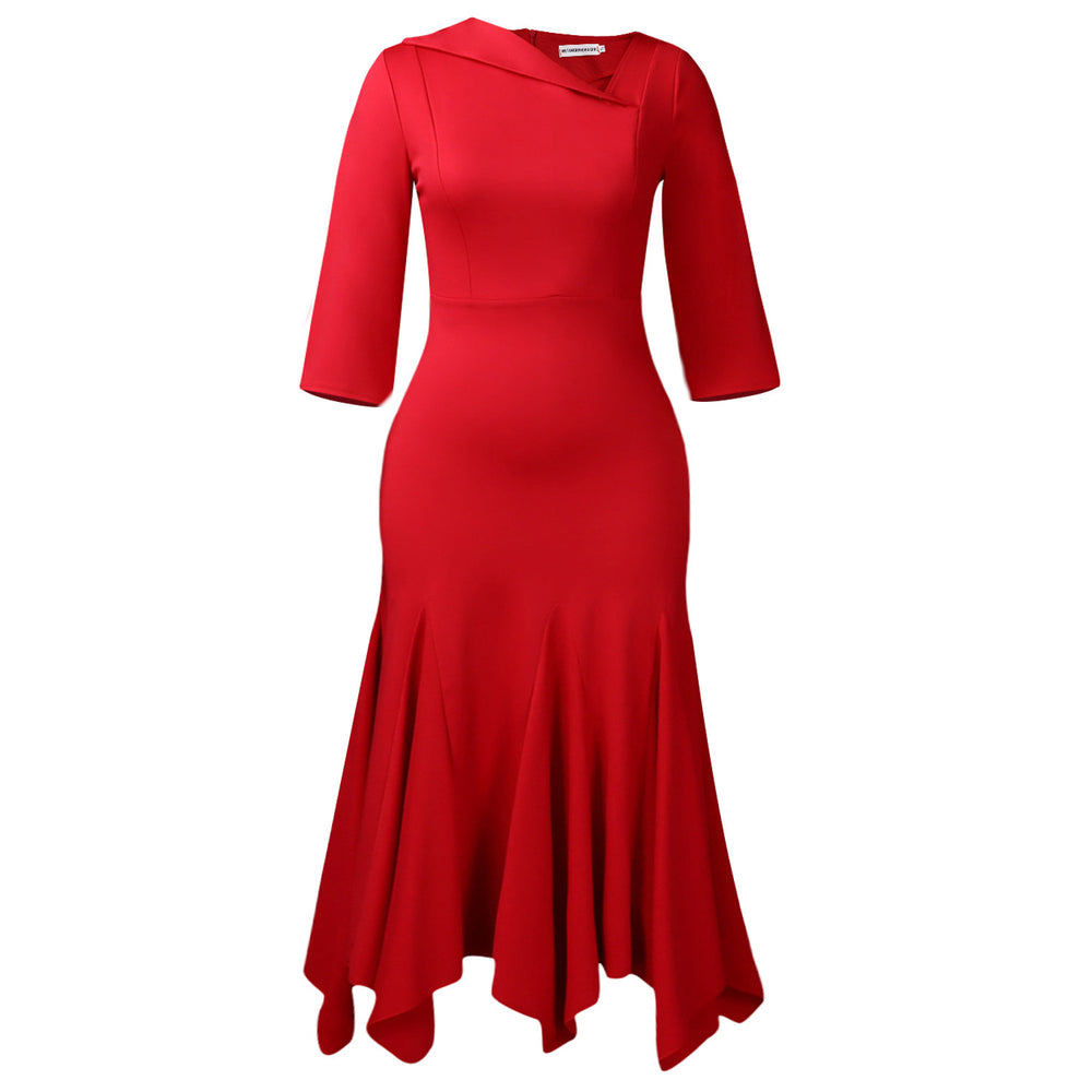 D3350 european and american cross-border women's fashion  new style elegant asymmetrical neck three-quarter sleeve high-waisted irregular dress