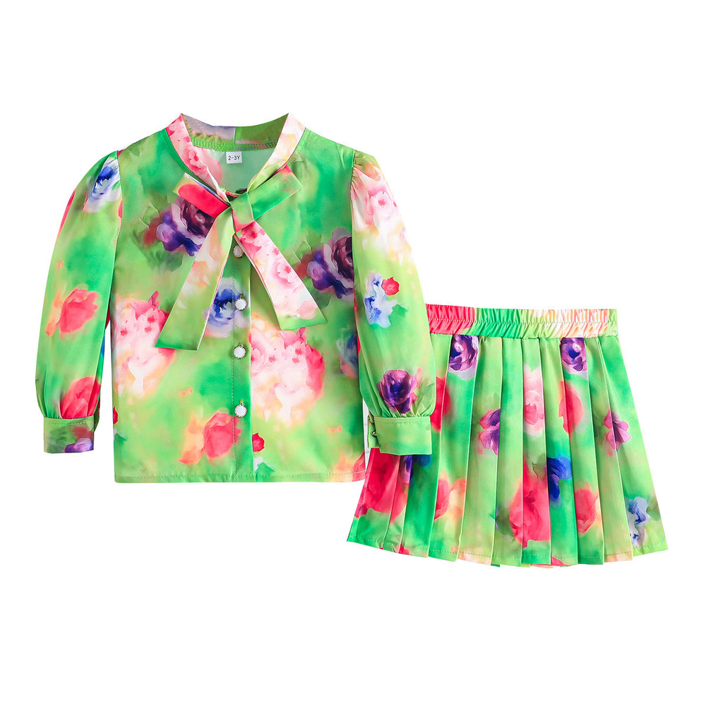 new girls' chiffon printed set: long-sleeve blouse + pleated skirt two-piece outfit