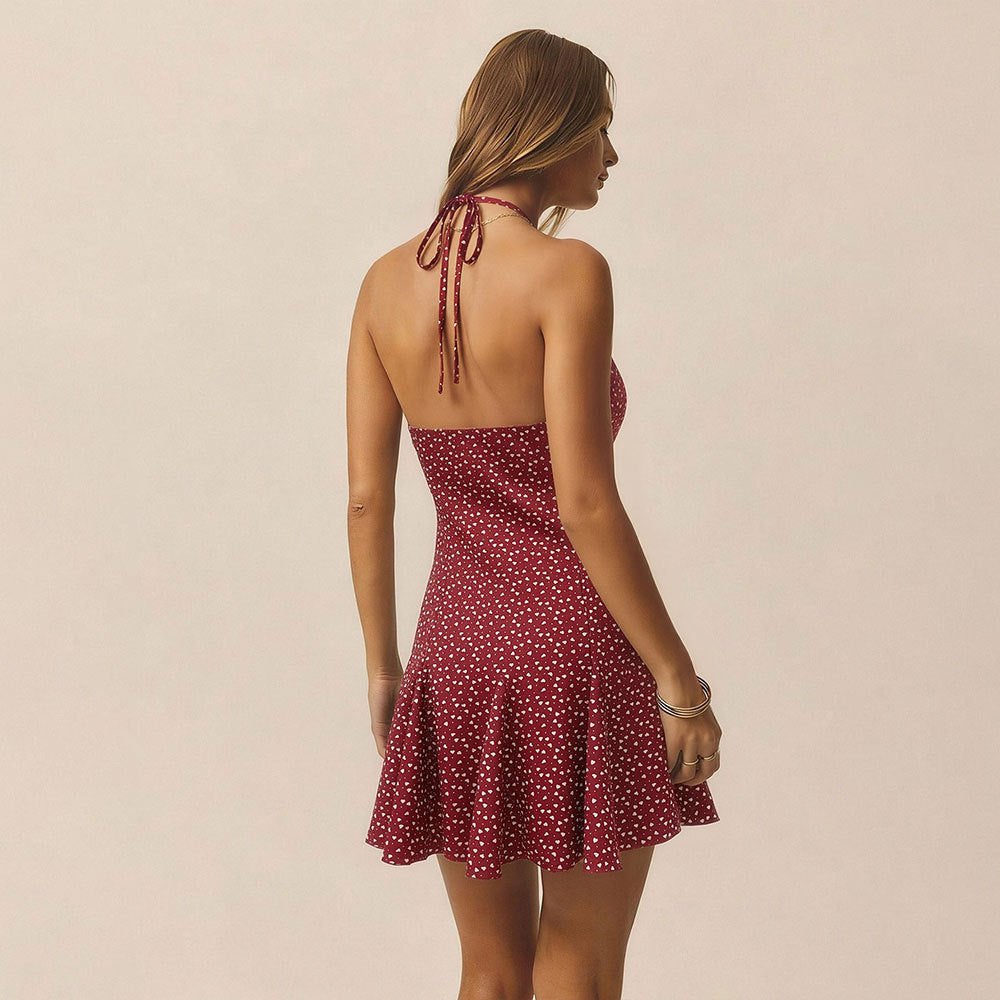 summer new arrival:  cross-border wine red polka dot floral dress - fitted waist ruffle hem mini dress for women