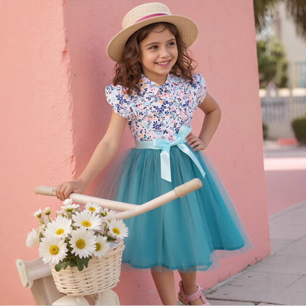 Girls' (toddler) dress, ruffle collar floral mesh dress with woven belt