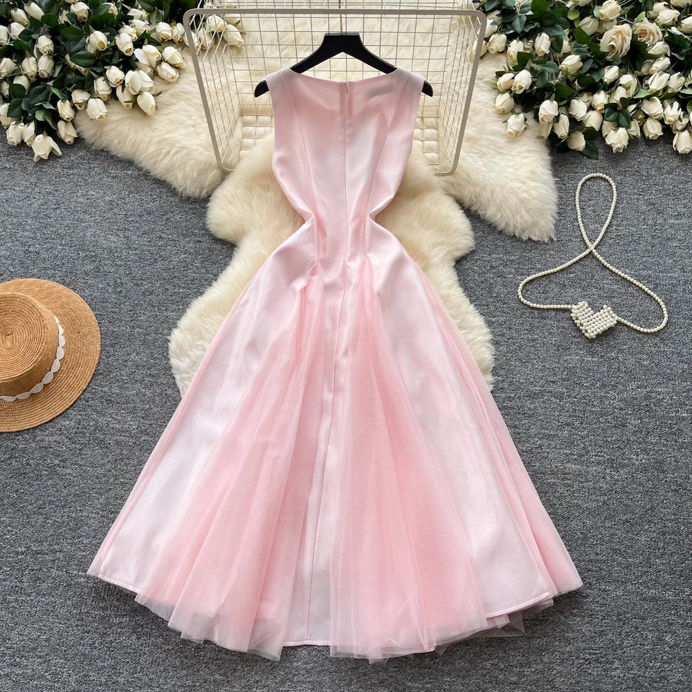 French sleeveless a-line round neck dress women's summer french pink high waist slimming look large swing skirtelegant