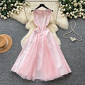 French sleeveless a-line round neck dress women's summer french pink high waist slimming look large swing skirtelegant