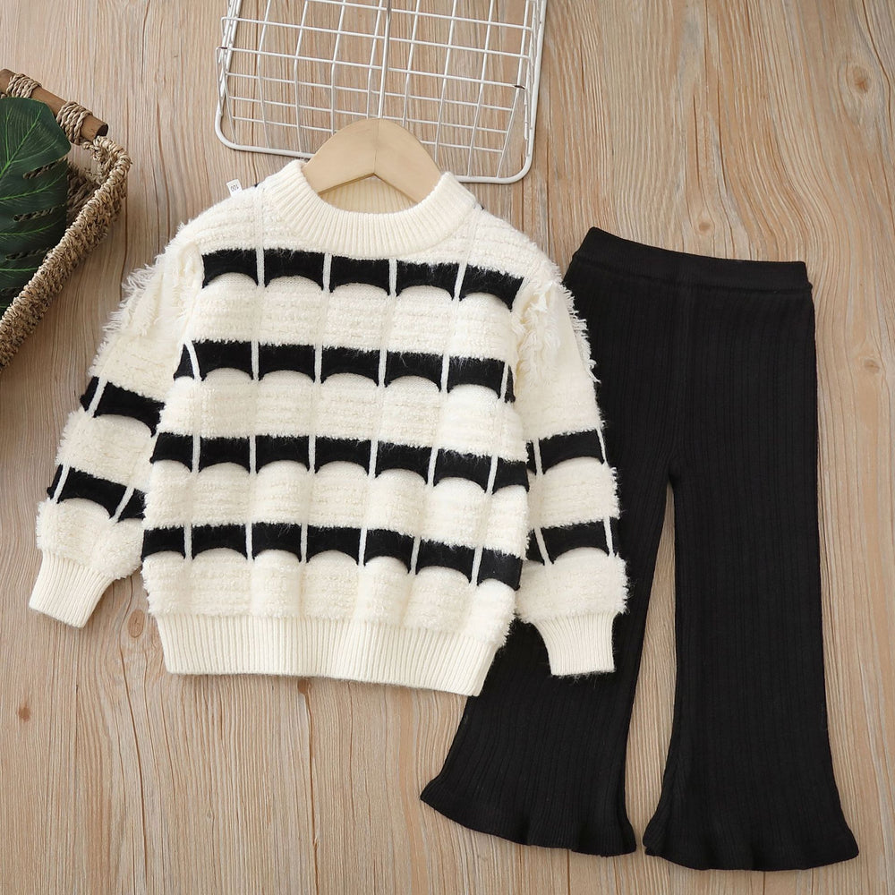 Girls' sweater two-piece set, thickened crew neck,  autumn/winter new collection, little girl's pullover knit sweater outfit