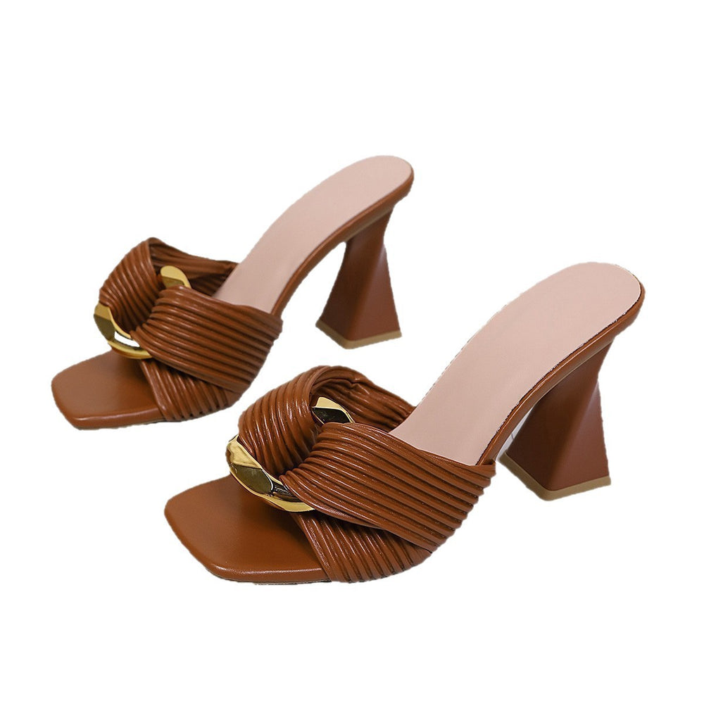 Plus sizeelegant square toe high heels 2026 thick heel metal buckle fashionsexysummernew arrivalexport sandals and slippers for women