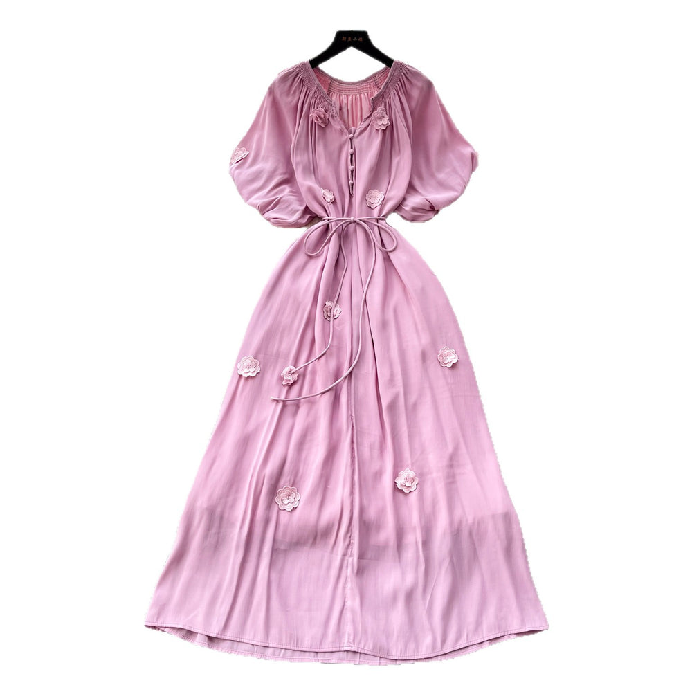 K-style small flying sleeves a-line short-sleeved dress women's  summer waist tie back long skirt niche stylesense of designwork clothing