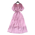 K-style small flying sleeves a-line short-sleeved dress women's  summer waist tie back long skirt niche stylesense of designwork clothing