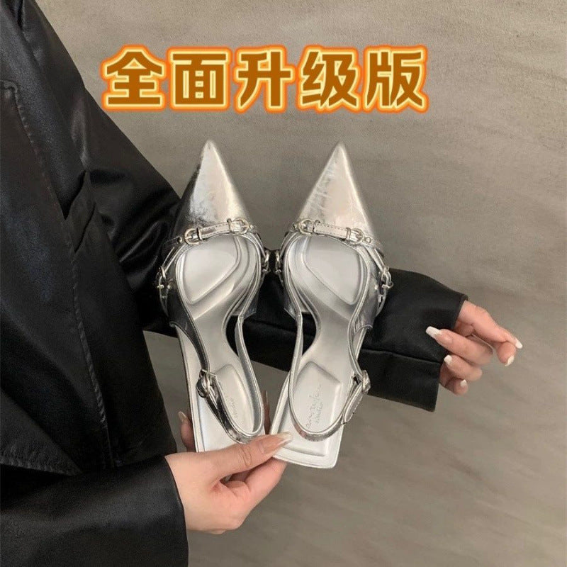 French toe high heel sandals flats 2025 spring new style back hollow thin heel elegant pointed toe flats women's shoes