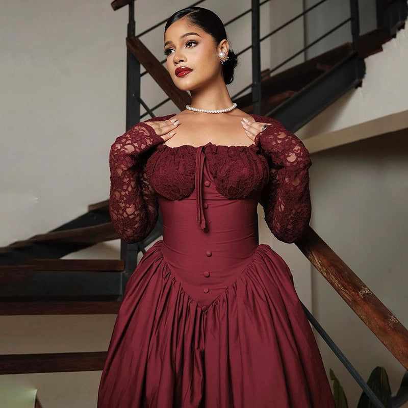 European and american cross-border women's fashion:  summer new arrival - elegant square neck lace long sleeve cinched waist solid color midi dress