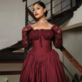 European and american cross-border women's fashion:  summer new arrival - elegant square neck lace long sleeve cinched waist solid color midi dress