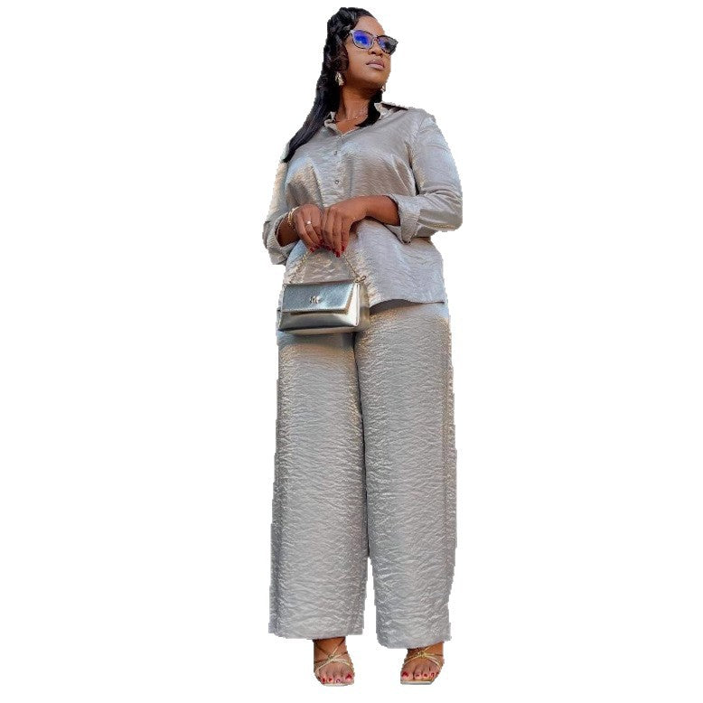 European and American large-size women's clothing long-sleeved lapel solid color cardigan shirt high waist wide-leg trousers African foreign loose suit