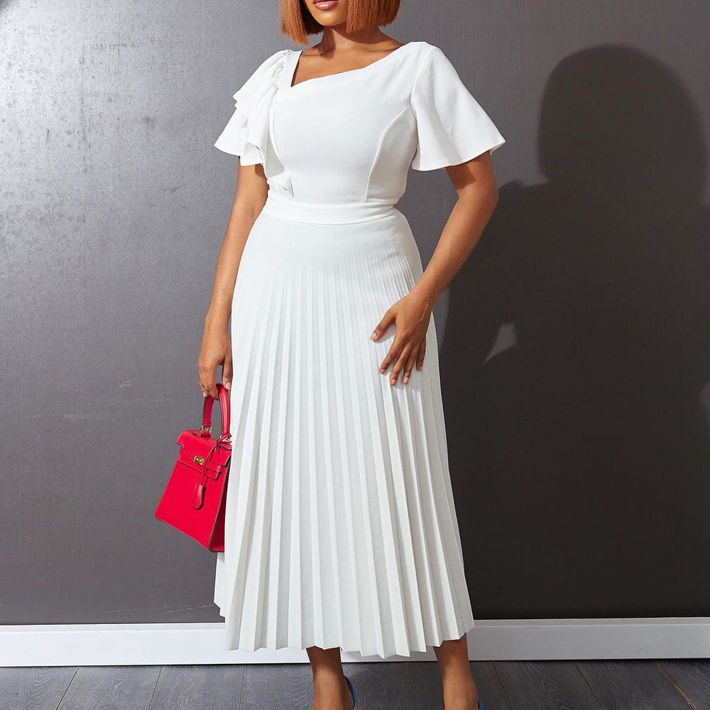 D3117  new arrivalruffles short-sleeved slanted shoulder eleganceexportplus size women's pleated fashiondress