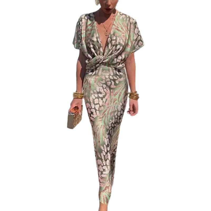 summer new women's fashion: cross-border export, european & american style, trendy knot print, sexy v-neck, high-waisted dress