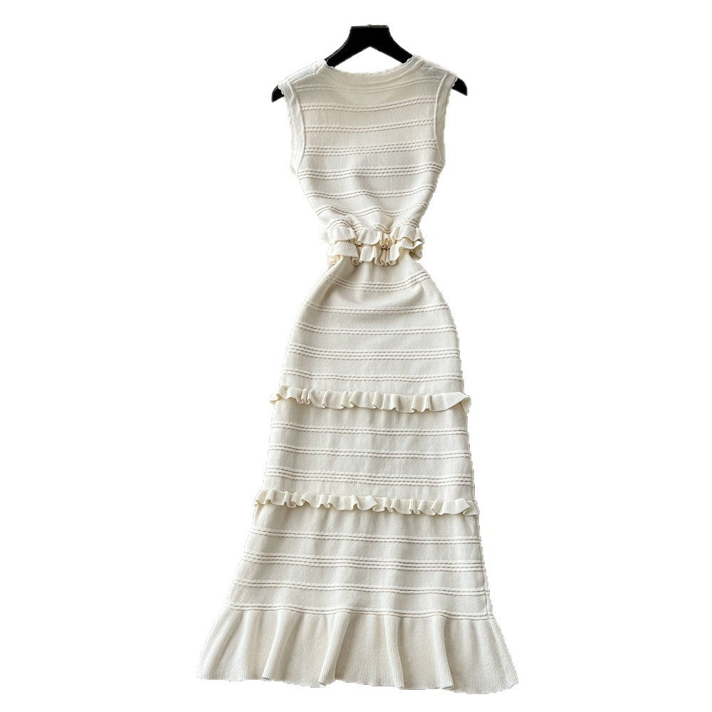 Qianjin wind sleeveless knittingelegantdress women's summer k-style round neck ruffles waist slimmingelegant long skirt