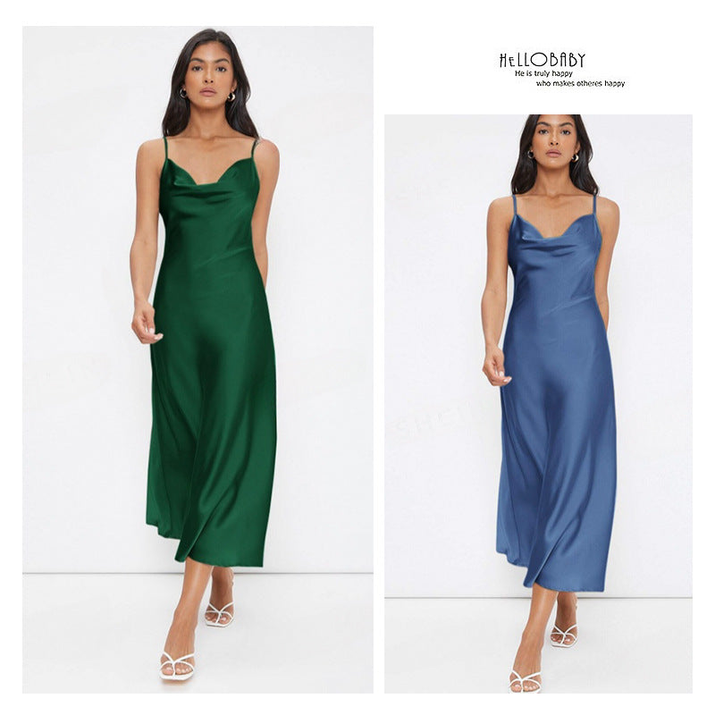 women's fashion: european and american  spring/summer new collection - satin cami dress with deep v-neck, slim fit, and solid color