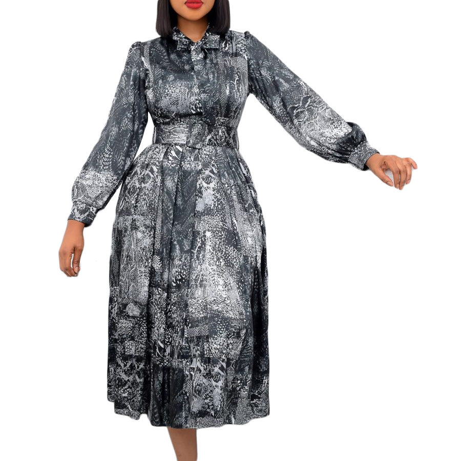 D238 free belt   spring cross-border new long-sleeved high-waisted printed plus size banquet export dress