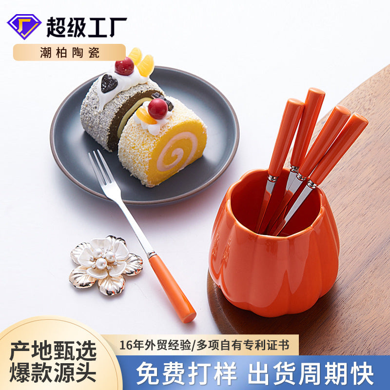 Stainless steel fruit fork and spoon ceramic storage jar set - emerald fruit forks, home use mooncake knife, fork, and spoon - customizable