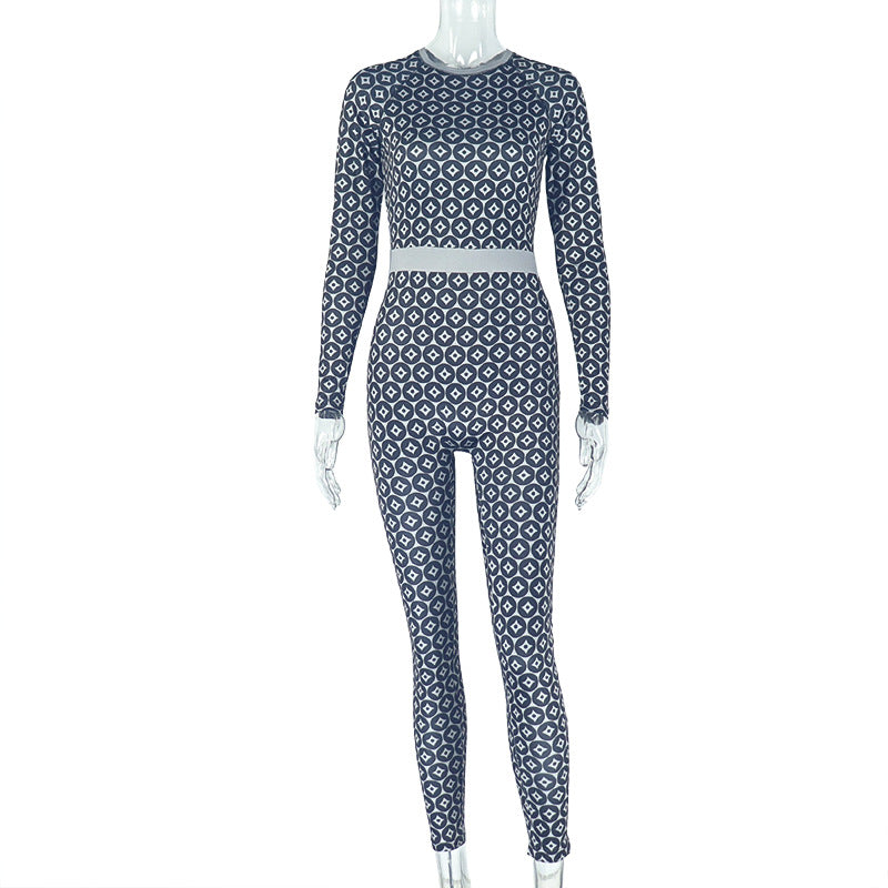Fashion cross-border casual home women's decoration silm elastic waist jumpsuit fashionprinting round neck long sleeves jumpsuit
