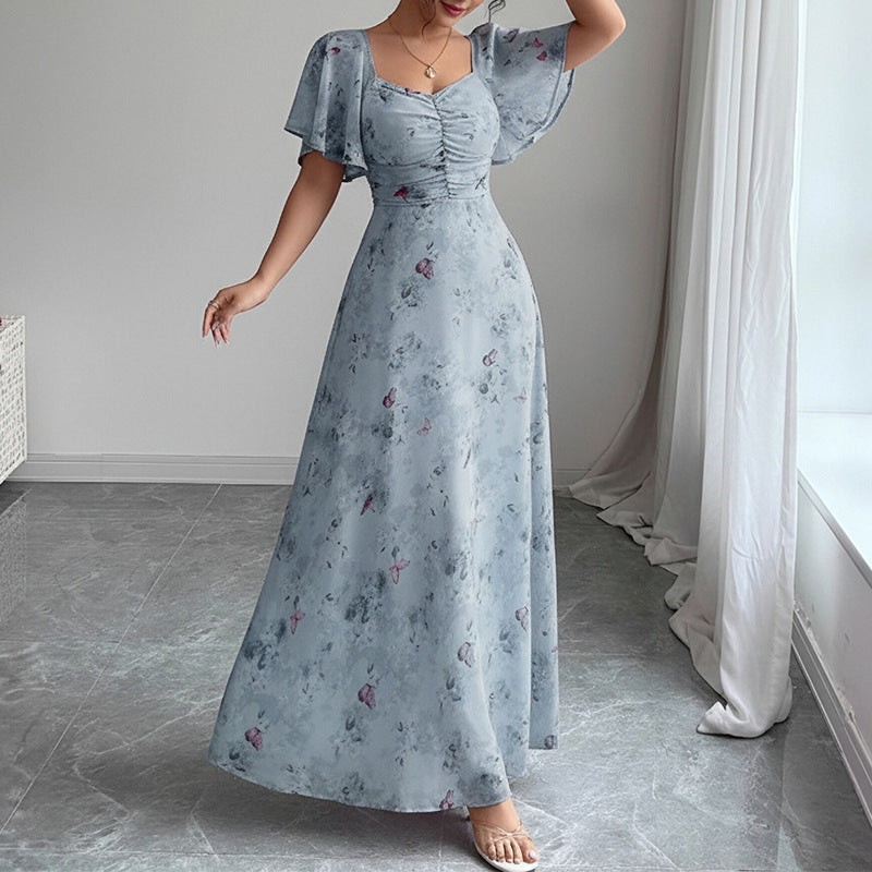 cross-border european and american women's clothing: new summer collection - elegant printed ruffle sleeve slim-fit dress, perfect for vacation