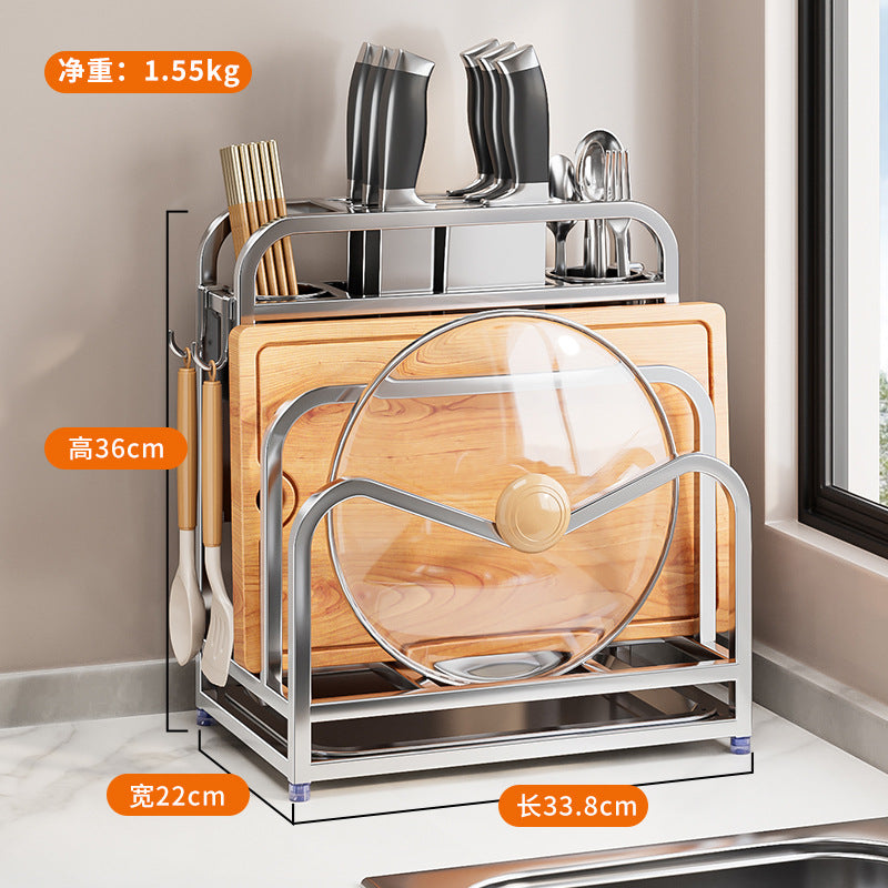 Stainless steel knife holder household pot lid rack cutting board rack thickened and thickened stainless steel wall hanging integrated storage shelf
