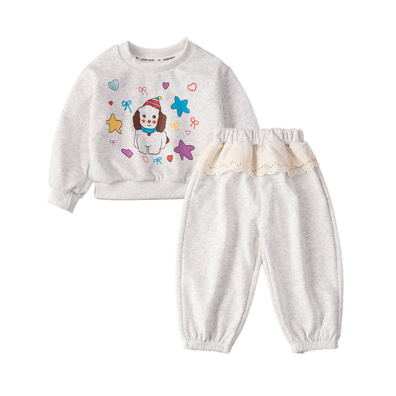 girls' spring/autumn tracksuit set - cartoon lace trim, outdoor two-piece korean style kids' clothing