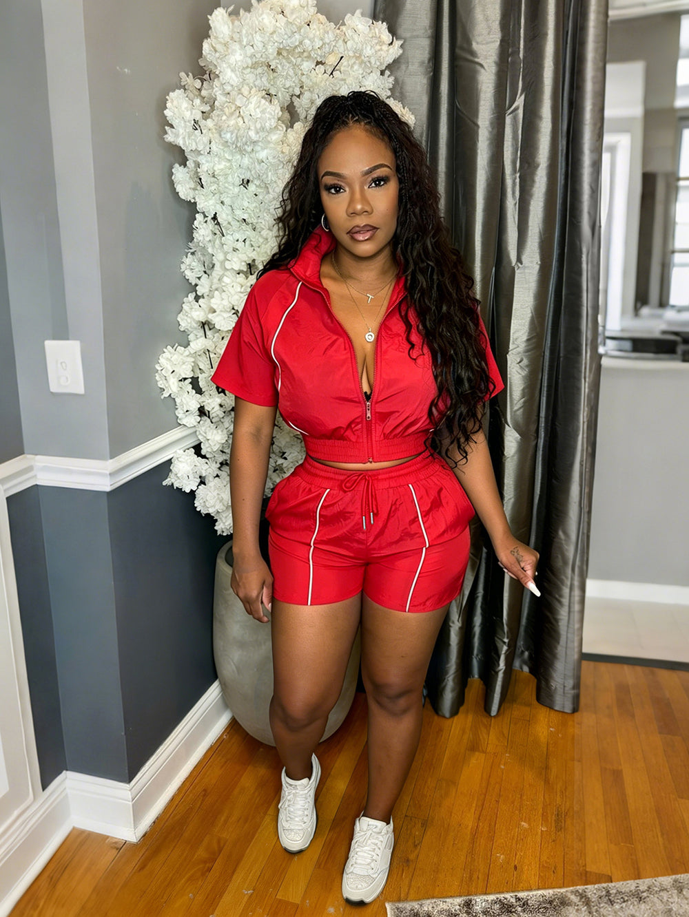 S391521 european and american fashion women's woven color block top and wide-leg elastic waist button-up sport shorts two-piece set